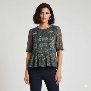 SANCTUARY Sheer Printed Peplum Blouse XS